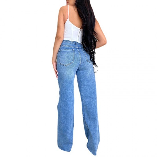 Factory direct sale on Amazon, women's long high-waisted jeans, ripped, raw-edge, popular European and American style, comfortable wide-leg pants. Factory direct sale on Amazon, women's long high-waisted jeans, ripped, raw-edge, popular European and American style, comfortable wide-leg pants.
