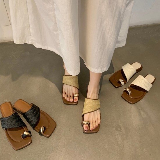 Women's thick-heeled vacation-style straw flip-flops (Summer outdoor wear, 2024 new style, French-style flip-flops) Slippers Women's thick-heeled vacation-style straw flip-flops (Summer outdoor wear, 2024 new style, French-style flip-flops) Slippers