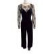 Elegant black lace, see-through, long-sleeved base top, suspender straps, and a slim-waisted velvet jumpsuit, two-piece set. Elegant black lace, see-through, long-sleeved base top, suspender straps, and a slim-waisted velvet jumpsuit, two-piece set.