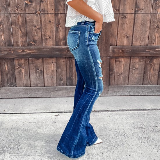 Factory direct sales: European and American cross-border Amazon independent platform new high-waisted ripped jeans for women Slightly flared casual pants