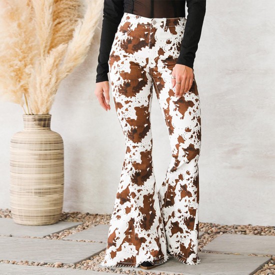 Factory Direct 2023 New European and American Women's Jeans, White Background Print, Brown High-Waisted, Flared, In-Stock Wholesale Factory Direct 2023 New European and American Women's Jeans, White Background Print, Brown High-Waisted, Flared, In-Stock Wholesale