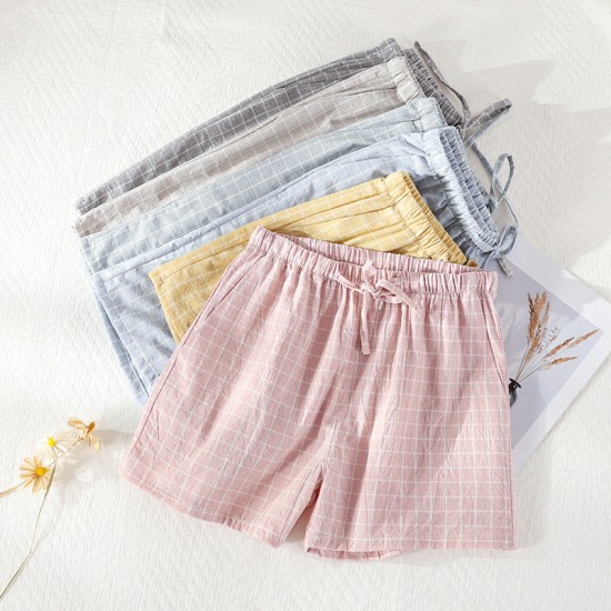 Women's washed cotton shorts, thin summer plaid pajamas, loose, plus-size, soft loungewear. Women's washed cotton shorts, thin summer plaid pajamas, loose, plus-size, soft loungewear.
