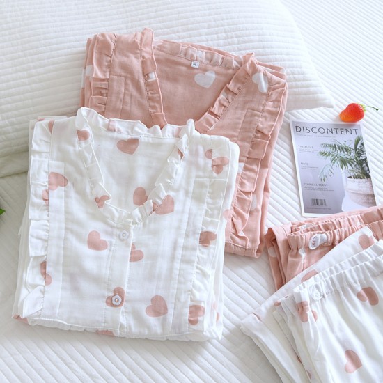 Women's padded pajamas, pure cotton double-layered gauze, V-neck, thin, long-sleeved, bra-free, spring and summer loungewear set Women's padded pajamas, pure cotton double-layered gauze, V-neck, thin, long-sleeved, bra-free, spring and summer loungewear set