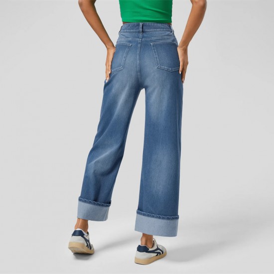 2025 Spring new European and American cross-border fashionable high-waisted straight-leg jeans with cuffed hems for women, casual wide-leg pants. 2025 Spring new European and American cross-border fashionable high-waisted straight-leg jeans with cuffed hems for women, casual wide-leg pants.