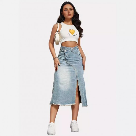 New Spring/Summer New Cross-Border American Retro Denim Skirt for Women, Fashionable Slit-Spliced ​​Midi A-Line Skirt