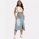 New Spring/Summer New Cross-Border American Retro Denim Skirt for Women, Fashionable Slit-Spliced ​​Midi A-Line Skirt