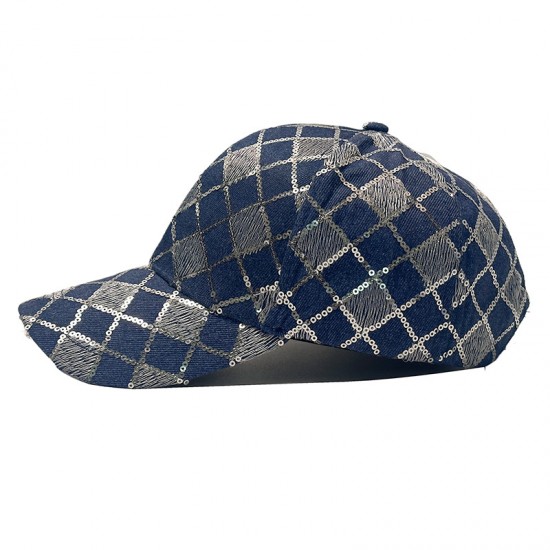 New Washed Denim Checkerboard Sequin Baseball Hat for Women: Casual and Versatile, Face-Showing, Small Sun Protection Baseball Hat