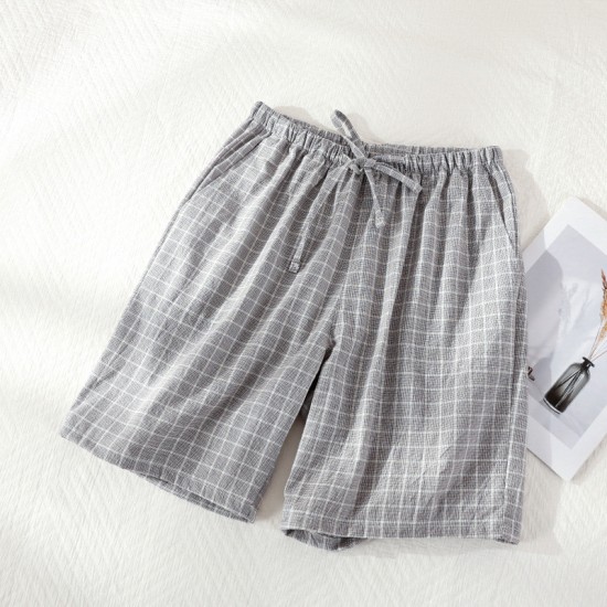 Women's washed cotton shorts, thin summer plaid pajamas, loose, plus-size, soft loungewear. Women's washed cotton shorts, thin summer plaid pajamas, loose, plus-size, soft loungewear.