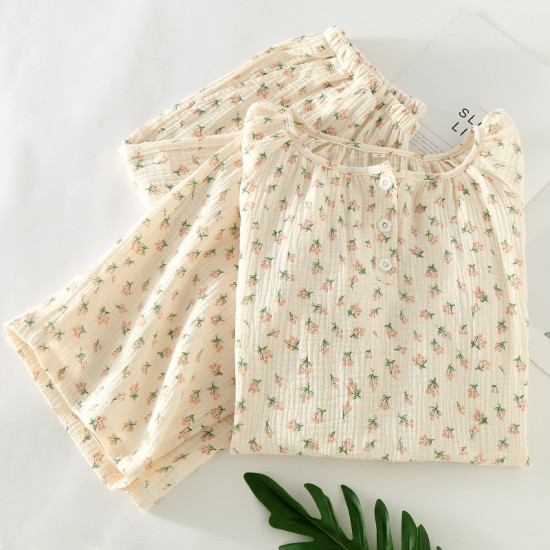 Women's pajamas, pure cotton double-layer gauze, round-neck, long-sleeved, spring and summer thin cotton floral crepe loungewear set Women's pajamas, pure cotton double-layer gauze, round-neck, long-sleeved, spring and summer thin cotton floral crepe loungewear set