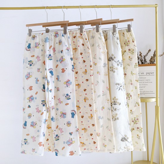 Women's Crepe Printed Pajamas, Spring and Autumn Double-Layer Cotton Gauze Thin Loose Drawstring Pants, Homewear Pants Women's Crepe Printed Pajamas, Spring and Autumn Double-Layer Cotton Gauze Thin Loose Drawstring Pants, Homewear Pants