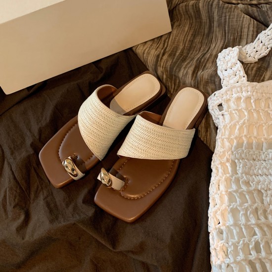 Women's thick-heeled vacation-style straw flip-flops (Summer outdoor wear, 2024 new style, French-style flip-flops) Slippers Women's thick-heeled vacation-style straw flip-flops (Summer outdoor wear, 2024 new style, French-style flip-flops) Slippers