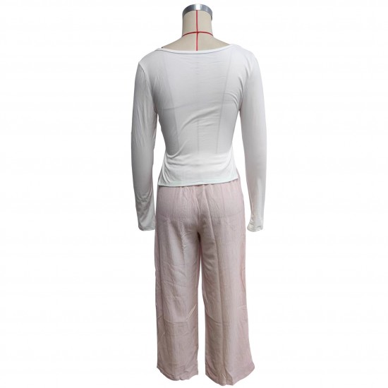 Women's suit: New solid color square-neck, long-sleeved, gathered, side-slit top, T-shirt, women's casual two-piece trousers. Women's suit: New solid color square-neck, long-sleeved, gathered, side-slit top, T-shirt, women's casual two-piece trousers.