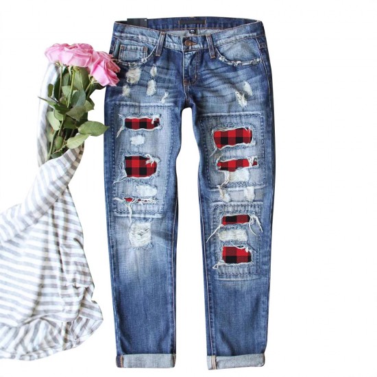 Cross-border Foreign Trade Straight Jeans for Women, 2025 New Red Plaid Print Patchwork, Ripped Pants, In Stock Goods