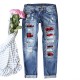 Cross-border Foreign Trade Straight Jeans for Women, 2025 New Red Plaid Print Patchwork, Ripped Pants, In Stock Goods