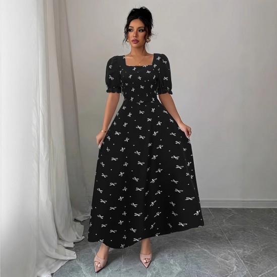 New cross-border short-sleeved bow-knot maxi dress, slim waist, printed European and American short-sleeved bow dress.