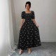 New cross-border short-sleeved bow-knot maxi dress, slim waist, printed European and American short-sleeved bow dress.