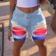 2025 spring and summer new European and American cross-border patchwork denim shorts for women, stylish streetwear ripped straight-leg mid-length pants in stock 2025 spring and summer new European and American cross-border patchwork denim shorts for women, stylish streetwear ripped straight-leg mid-length pants in stock