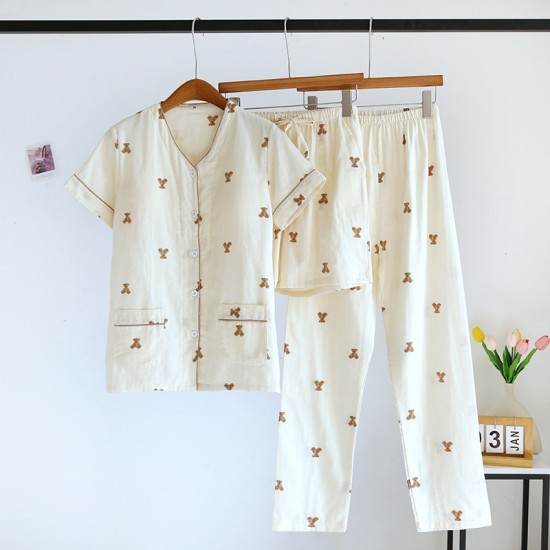 Women's pure cotton home clothes, washed cotton short-sleeved long pants, plaid cotton, large-size, loose, thin summer pajamas set Women's pure cotton home clothes, washed cotton short-sleeved long pants, plaid cotton, large-size, loose, thin summer pajamas set
