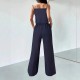 Suspender pleated waisted, slimming dark blue retro wide-leg pants, two-piece suit for women, casual straight pants, versatile set. Suspender pleated waisted, slimming dark blue retro wide-leg pants, two-piece suit for women, casual straight pants, versatile set.