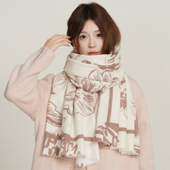 Autumn and winter new floral print imitation cashmere scarves for women, Japanese and Korean-style, artistic and fresh, thickened and warm shawls for students commuting.