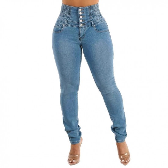 2025 new cross-border European and American style stretch slim-fit jeans for women, button-down, pencil-cut High-waisted, hip-lifting trousers