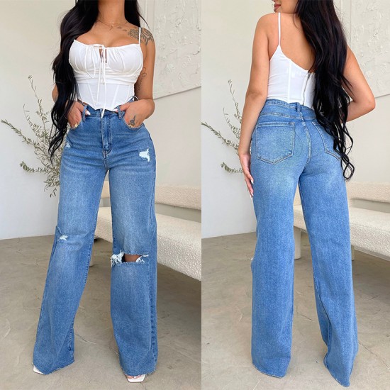 Factory direct sale on Amazon, women's long high-waisted jeans, ripped, raw-edge, popular European and American style, comfortable wide-leg pants. Factory direct sale on Amazon, women's long high-waisted jeans, ripped, raw-edge, popular European and American style, comfortable wide-leg pants.