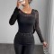 Sexy Hottie Long-Sleeved Top: New Spring and Summer European and American Style Celebrity Mesh Polka Dot Irregular Neck Slim Fit T-Shirt for Women