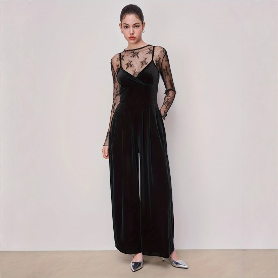 Elegant black lace, see-through, long-sleeved base top, suspender straps, and a slim-waisted velvet jumpsuit, two-piece set. Elegant black lace, see-through, long-sleeved base top, suspender straps, and a slim-waisted velvet jumpsuit, two-piece set.