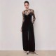 Elegant black lace, see-through, long-sleeved base top, suspender straps, and a slim-waisted velvet jumpsuit, two-piece set. Elegant black lace, see-through, long-sleeved base top, suspender straps, and a slim-waisted velvet jumpsuit, two-piece set.