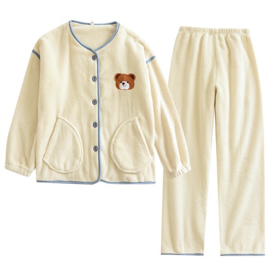 Couple flannel pajamas, simple, long-sleeved, plush, warm, two-piece loungewear set for men and women for autumn and winter Couple flannel pajamas, simple, long-sleeved, plush, warm, two-piece loungewear set for men and women for autumn and winter