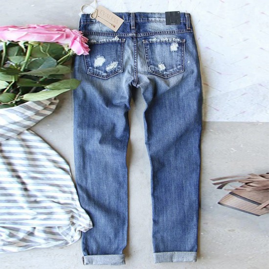 Cross-border Foreign Trade Straight Jeans for Women, 2025 New Red Plaid Print Patchwork, Ripped Pants, In Stock Goods
