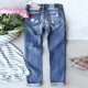 Cross-border Foreign Trade Straight Jeans for Women, 2025 New Red Plaid Print Patchwork, Ripped Pants, In Stock Goods