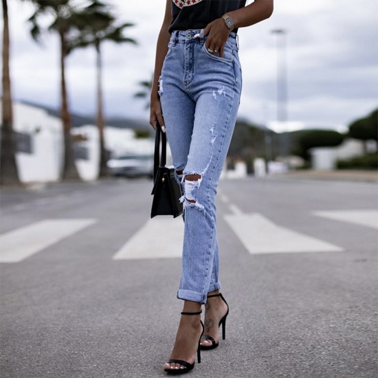 2025 Spring Amazon Factory-Shop European and American Stretch Ripped Women's Straight-Leg Skinny Hip-Lifting Fashion Jeans 2025 Spring Amazon Factory-Shop European and American Stretch Ripped Women's Straight-Leg Skinny Hip-Lifting Fashion Jeans