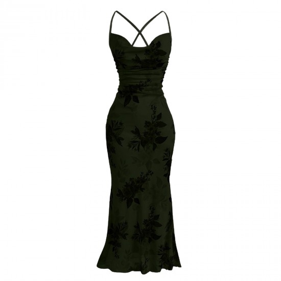 European and American high-end slim-fit maxi dress: elegant, slim-fitting mesh print, cross-back camisole dress. European and American high-end slim-fit maxi dress: elegant, slim-fitting mesh print, cross-back camisole dress.