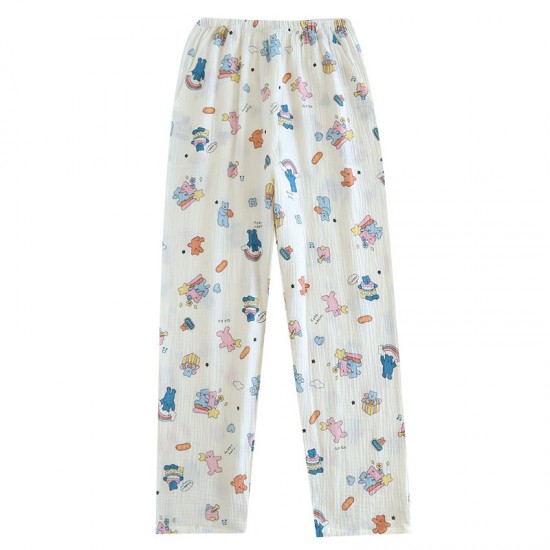 Women's Crepe Printed Pajamas, Spring and Autumn Double-Layer Cotton Gauze Thin Loose Drawstring Pants, Homewear Pants Women's Crepe Printed Pajamas, Spring and Autumn Double-Layer Cotton Gauze Thin Loose Drawstring Pants, Homewear Pants