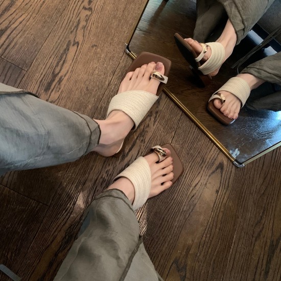 Women's thick-heeled vacation-style straw flip-flops (Summer outdoor wear, 2024 new style, French-style flip-flops) Slippers Women's thick-heeled vacation-style straw flip-flops (Summer outdoor wear, 2024 new style, French-style flip-flops) Slippers