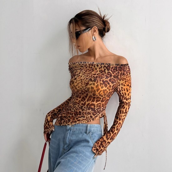 Sexy, European and American summer, long-sleeved, off-the-shoulder, cross-border women's clothing, sexy, leopard-print, one-piece top. Sexy, European and American summer, long-sleeved, off-the-shoulder, cross-border women's clothing, sexy, leopard-print, one-piece top.