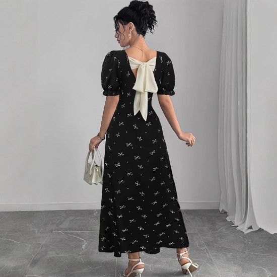 New cross-border short-sleeved bow-knot maxi dress, slim waist, printed European and American short-sleeved bow dress.
