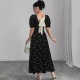 New cross-border short-sleeved bow-knot maxi dress, slim waist, printed European and American short-sleeved bow dress.