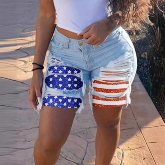 2025 spring and summer new European and American cross-border patchwork denim shorts for women, stylish streetwear ripped straight-leg mid-length pants in stock 2025 spring and summer new European and American cross-border patchwork denim shorts for women, stylish streetwear ripped straight-leg mid-length pants in stock