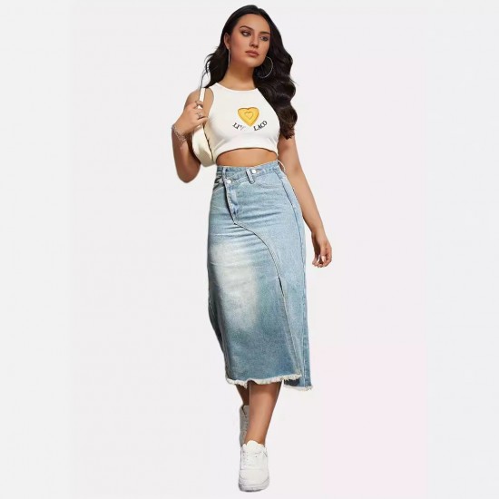 New Spring/Summer New Cross-Border American Retro Denim Skirt for Women, Fashionable Slit-Spliced ​​Midi A-Line Skirt