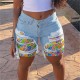 2025 spring and summer new European and American cross-border patchwork denim shorts for women, stylish streetwear ripped straight-leg mid-length pants in stock 2025 spring and summer new European and American cross-border patchwork denim shorts for women, stylish streetwear ripped straight-leg mid-length pants in stock