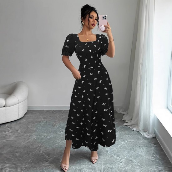 New cross-border short-sleeved bow-knot maxi dress, slim waist, printed European and American short-sleeved bow dress.