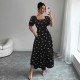 New cross-border short-sleeved bow-knot maxi dress, slim waist, printed European and American short-sleeved bow dress.