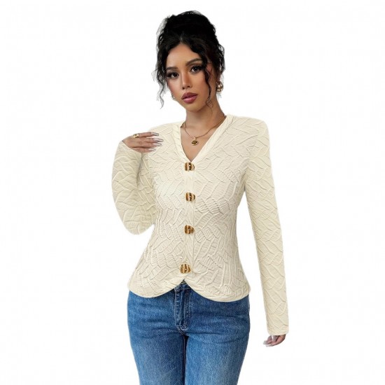 2025 summer European and American women's fashion, V-neck, 3D knitted jacquard, long-sleeved, fashionable, slim-fitting top, shirt, and jacket.