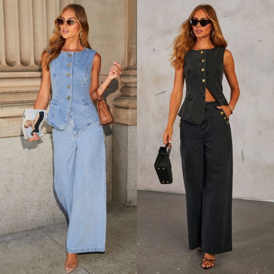 Cross-border European and American fashionable and elegant new button-down sleeveless vest, wide-leg denim suits, now in stock on Amazon.