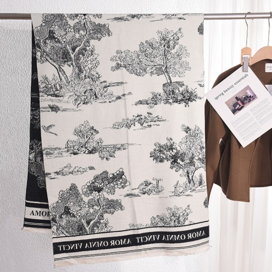 Retro, trendy, black and white jacquard landscape faux cashmere scarf, Japanese and Korean, autumn and winter women's office warm long shawl.