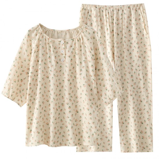 Women's pajamas, pure cotton double-layer gauze, round-neck, long-sleeved, spring and summer thin cotton floral crepe loungewear set Women's pajamas, pure cotton double-layer gauze, round-neck, long-sleeved, spring and summer thin cotton floral crepe loungewear set