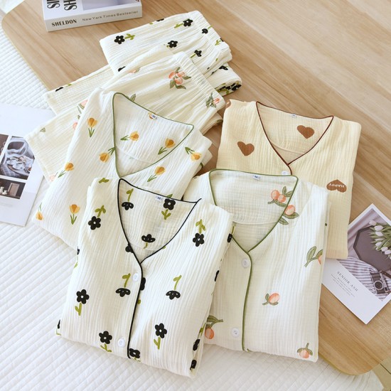 Women's padded pajamas, V-neck pure cotton double-layer gauze long sleeves, thin spring and summer loungewear two-piece set. Women's padded pajamas, V-neck pure cotton double-layer gauze long sleeves, thin spring and summer loungewear two-piece set.