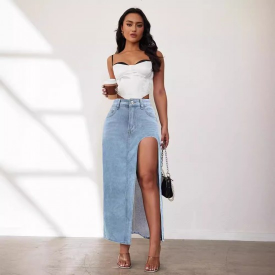 Factory direct sales: European and American cross-border high-slit denim skirt for women, 2025 spring and summer new washed solid color midi skirt